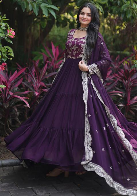 Wine Sequin Embroidered Faux Blooming Gown With Dupatta