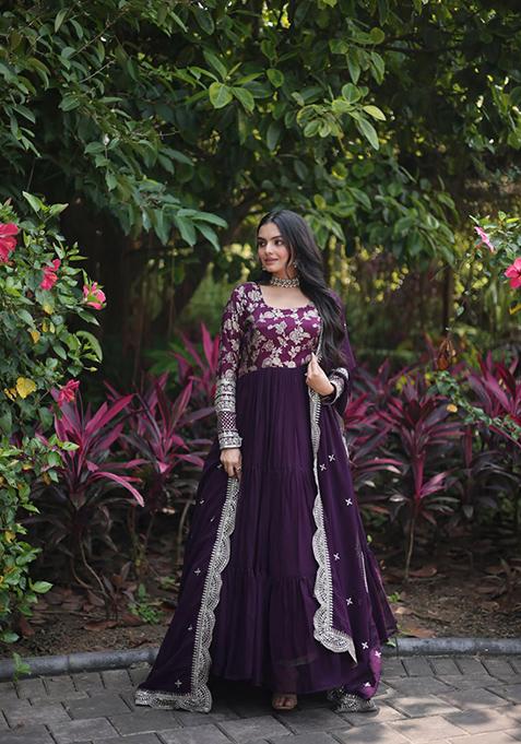 Wine Sequin Embroidered Faux Blooming Gown With Dupatta