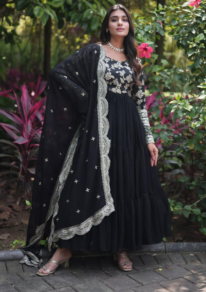Black Sequin Embroidered Faux Blooming Gown With Dupatta - Indya