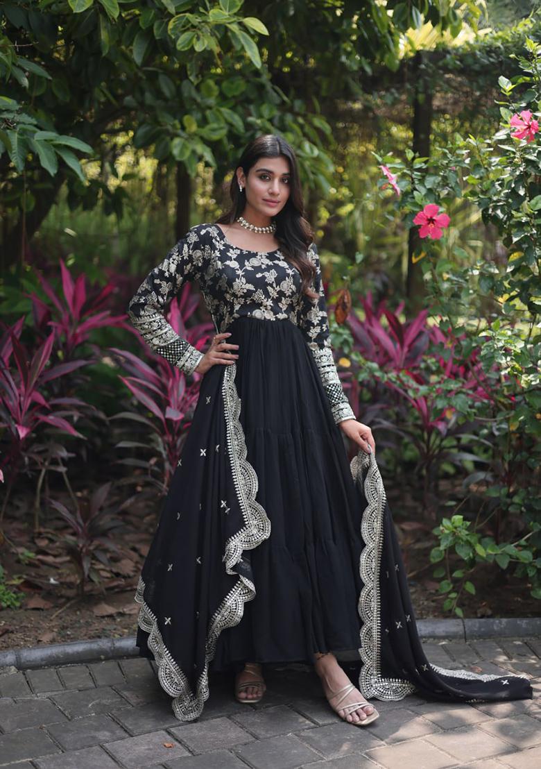 Black Sequin Embroidered Faux Blooming Gown With Dupatta - Indya
