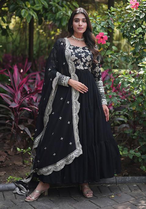 Black Sequin Embroidered Faux Blooming Gown With Dupatta