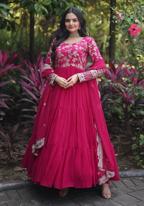 Pink Sequin Embroidered Faux Blooming Gown With Dupatta