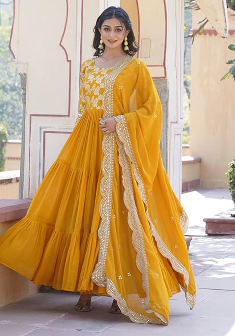 Yellow Sequin Embroidered Faux Blooming Gown With Dupatta