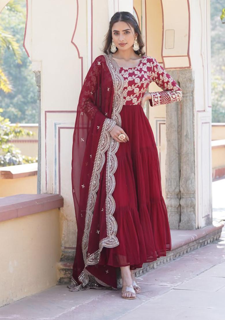 Maroon Sequin Embroidered Faux Blooming Gown With Dupatta