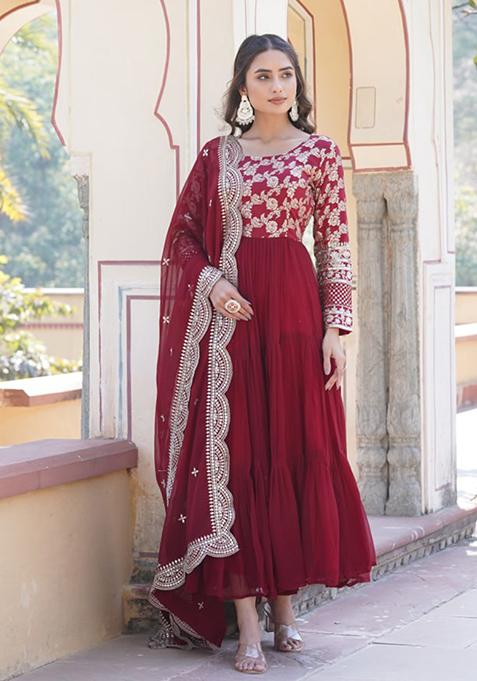 Maroon Sequin Embroidered Faux Blooming Gown With Dupatta