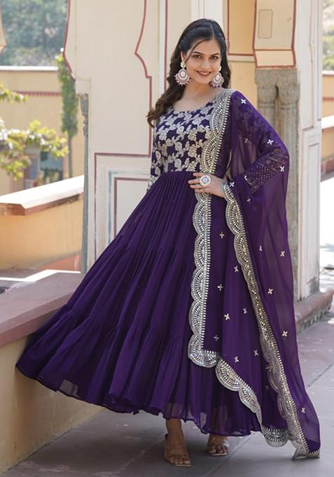 Purple Sequin Embroidered Faux Blooming Gown With Dupatta