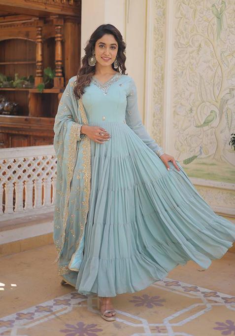 Sky Blue Embroidered Faux Georgette Gown With Dupatta