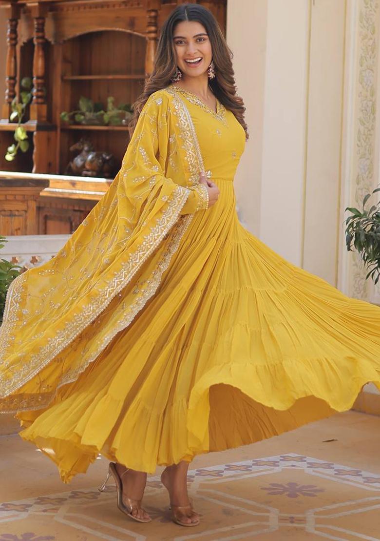 Yellow Embroidered Faux Georgette Gown With Dupatta