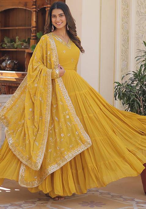 Yellow Embroidered Faux Georgette Gown With Dupatta