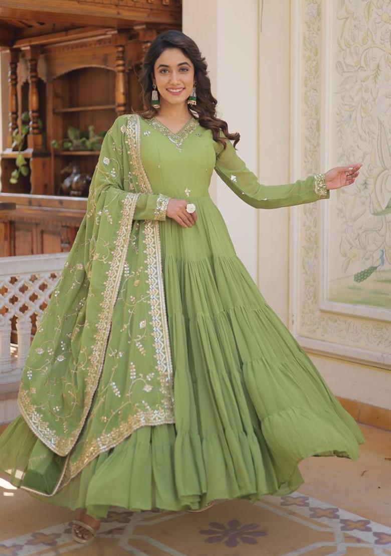 Green Embroidered Faux Georgette Gown With Dupatta