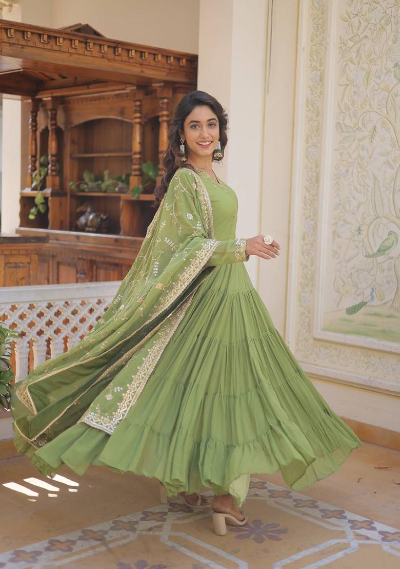 Green Embroidered Faux Georgette Gown With Dupatta