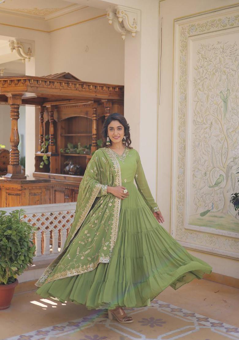 Green Embroidered Faux Georgette Gown With Dupatta