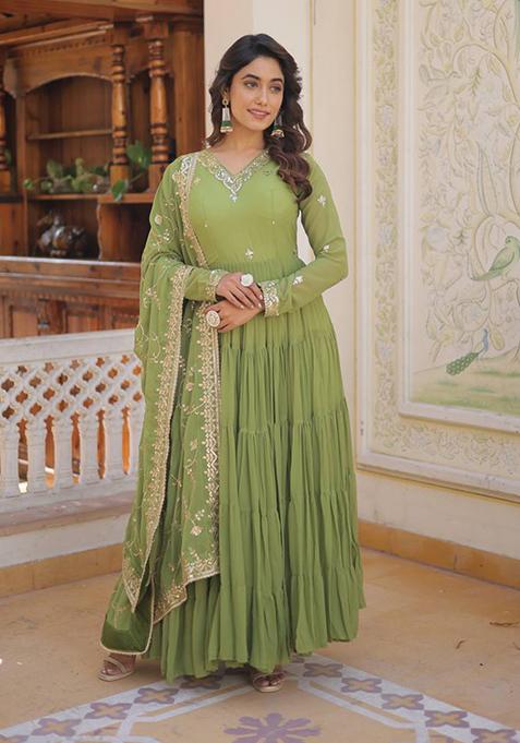 Green Embroidered Faux Georgette Gown With Dupatta