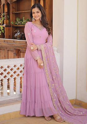 Lavender Embroidered Faux Georgette Gown With Dupatta
