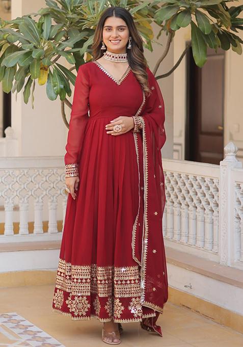 Maroon Embroidered Faux Blooming Gown With Dupatta