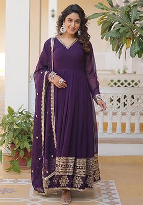 Wine Sequin Embroidered Faux Blooming Gown With Dupatta