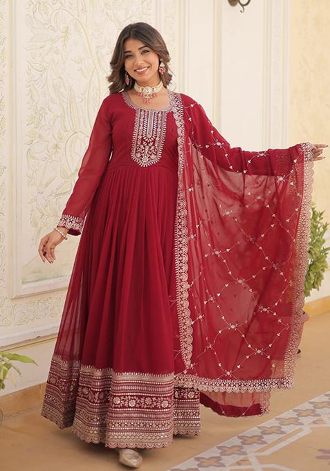 Maroon Sequin Embroidered Faux Blooming Gown With Dupatta