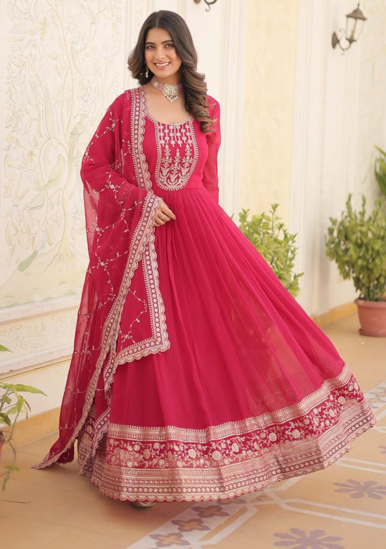 Pink Sequin Embroidered Faux Blooming Gown With Dupatta - Indya