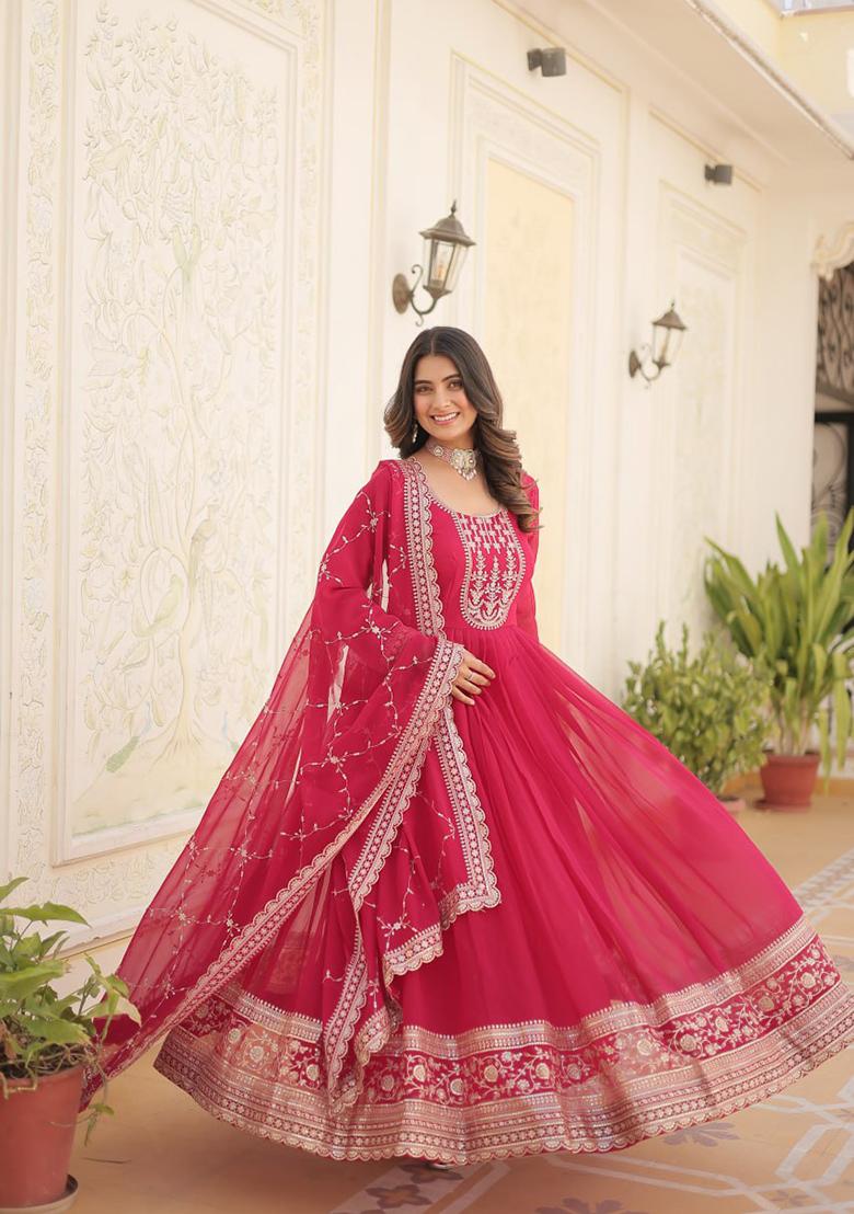 Pink Sequin Embroidered Faux Blooming Gown With Dupatta - Indya