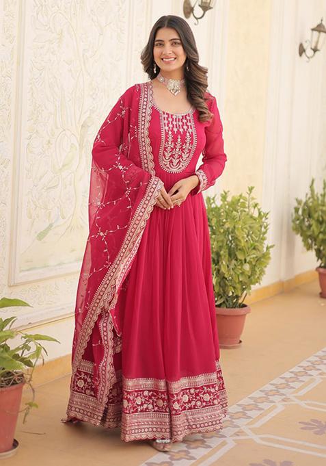 Pink Sequin Embroidered Faux Blooming Gown With Dupatta