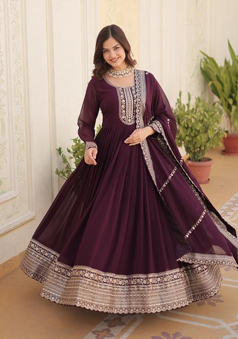 Wine Sequin Embroidered Faux Blooming Gown With Dupatta