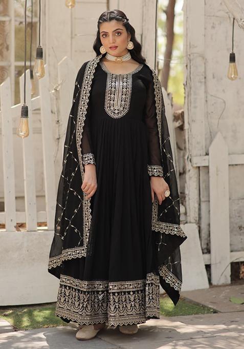 Black Sequin Embroidered Faux Blooming Gown With Dupatta