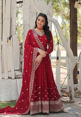 Maroon Sequin Embroidered Faux Blooming Gown With Dupatta