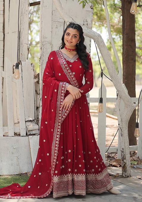 Maroon Sequin Embroidered Faux Blooming Gown With Dupatta