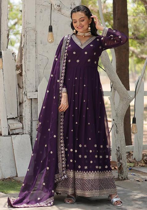 Purple Sequin Embroidered Faux Blooming Gown With Dupatta