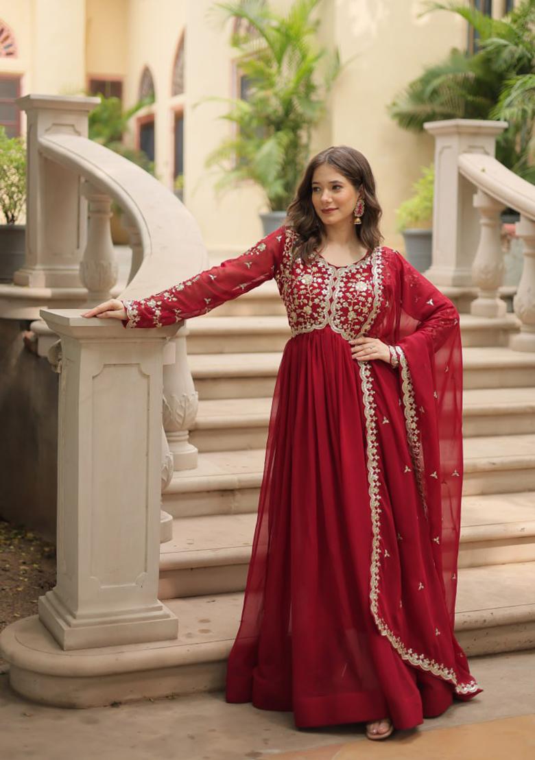 Maroon Zari Sequin Embroidered Faux Blooming Gown With Dupatta