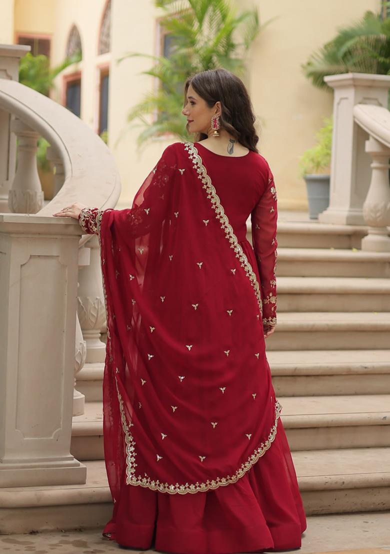 Maroon Zari Sequin Embroidered Faux Blooming Gown With Dupatta