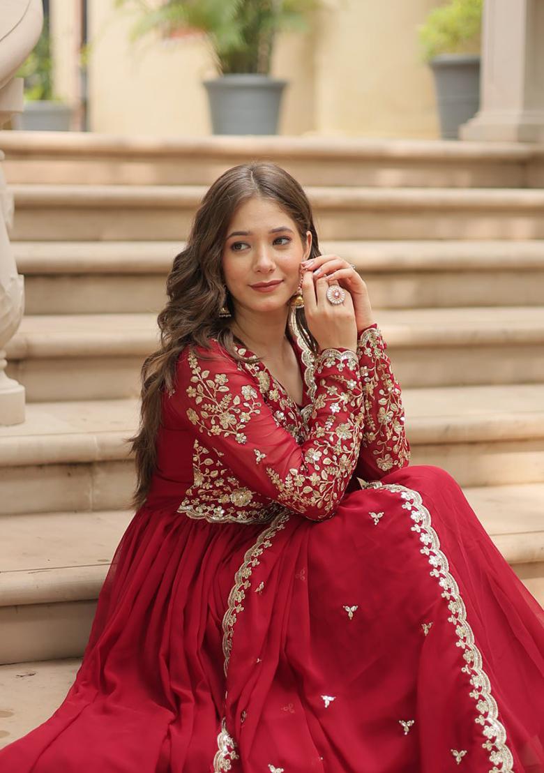 Maroon Zari Sequin Embroidered Faux Blooming Gown With Dupatta