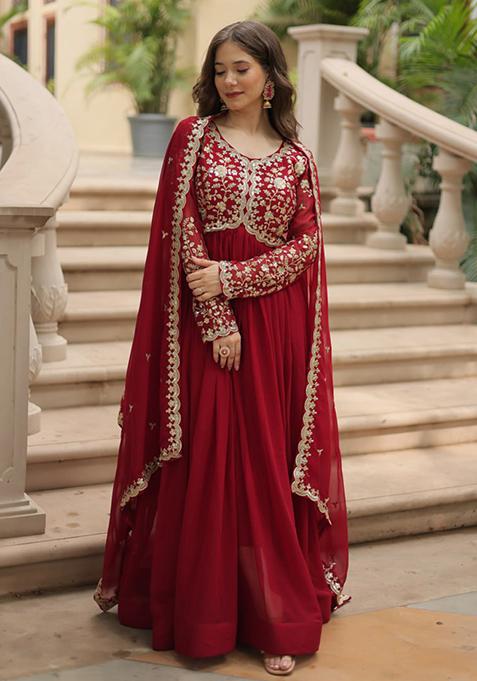 Maroon Zari Sequin Embroidered Faux Blooming Gown With Dupatta