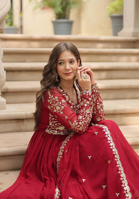 Maroon Zari Sequin Embroidered Faux Blooming Gown With Dupatta
