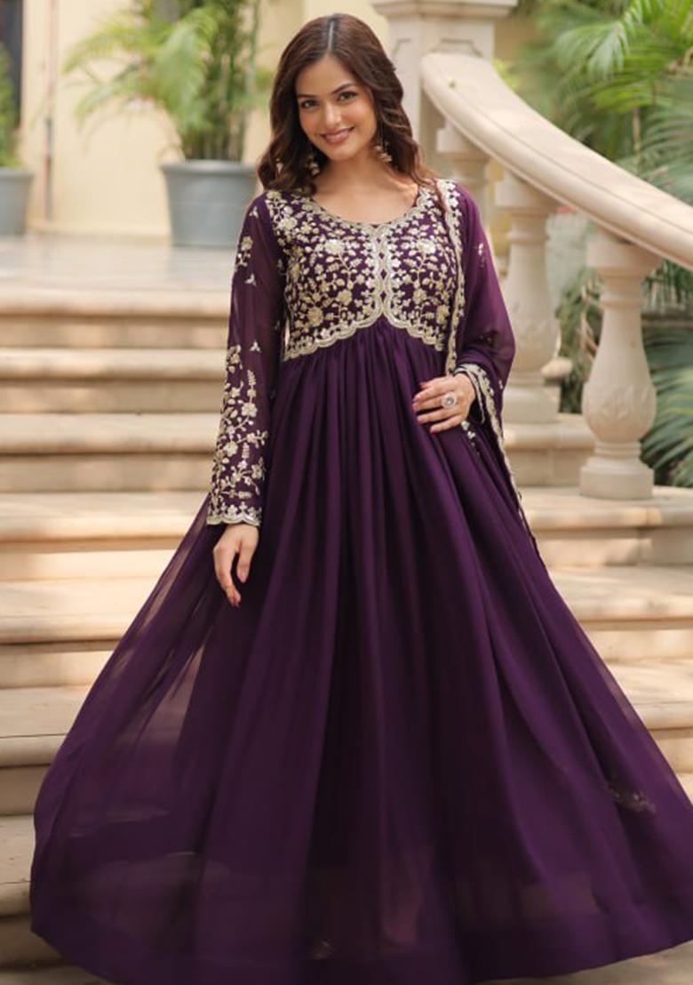 Wine Zari Sequin Embroidered Faux Blooming Gown With Dupatta