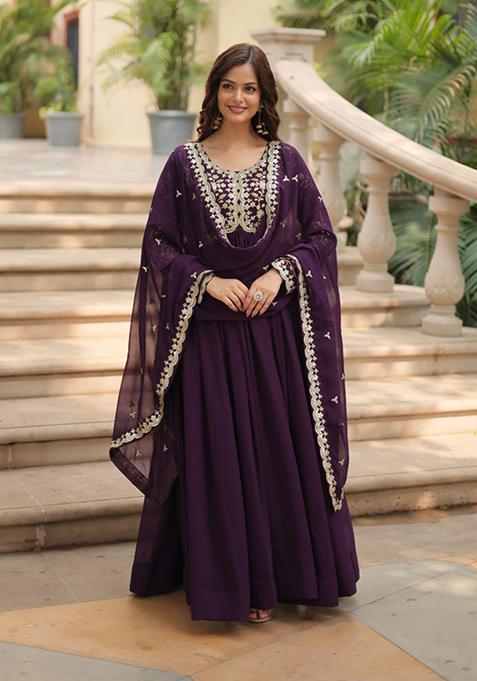 Wine Zari Sequin Embroidered Faux Blooming Gown With Dupatta