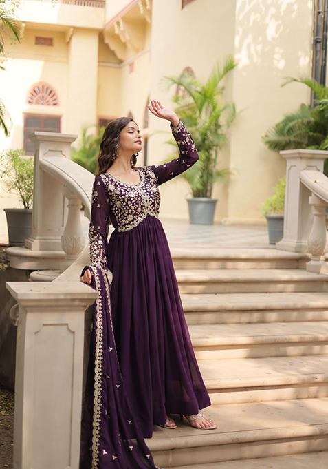 Wine Zari Sequin Embroidered Faux Blooming Gown With Dupatta