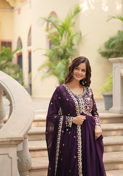 Wine Zari Sequin Embroidered Faux Blooming Gown With Dupatta
