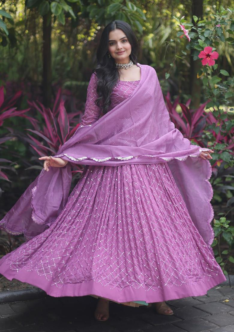 Onion Purple Sequin Thread Embroidered Faux Georgette Gown With Dupatta