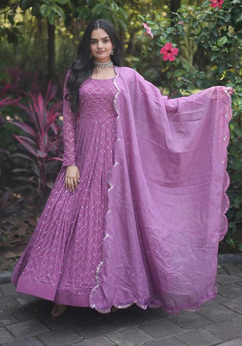 Onion Purple Sequin Thread Embroidered Faux Georgette Gown With Dupatta