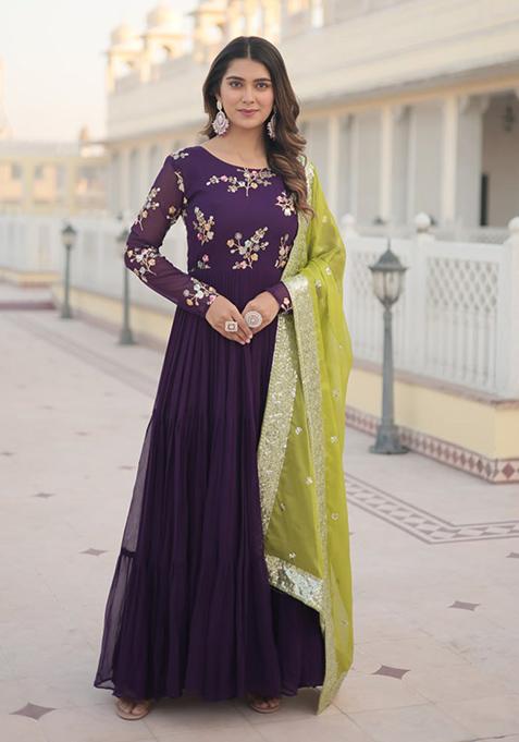 Purple Sequin Embroidered Faux Georgette Gown With Dupatta