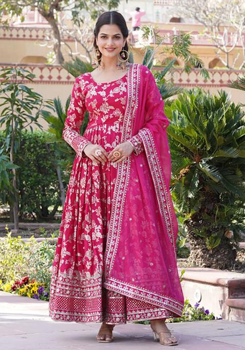 Pink Sequin Embroidered Viscose Diable Jacquard Gown With Dupatta