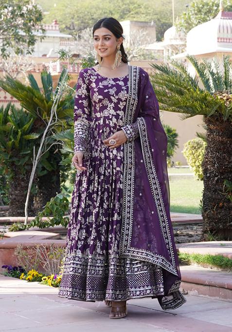 Wine Sequin Embroidered Viscose Diable Jacquard Gown With Dupatta