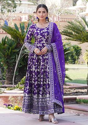 Purple Sequin Embroidered Viscose Diable Jacquard Gown With Dupatta