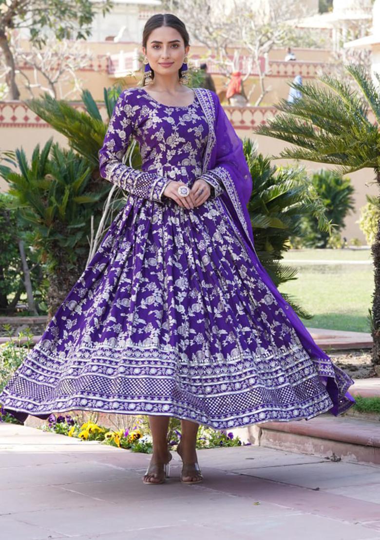 Purple Sequin Embroidered Viscose Diable Jacquard Gown With Dupatta