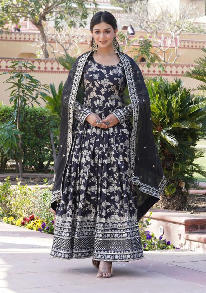 Black Sequin Embroidered Viscose Diable Jacquard Gown With Dupatta