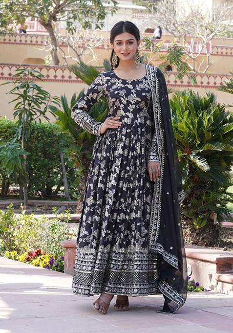 Black Sequin Embroidered Viscose Diable Jacquard Gown With Dupatta