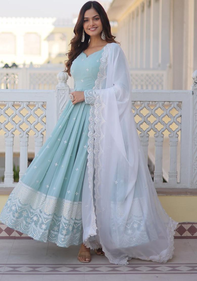 Sky Blue Thread Sequin Embroidered Faux Georgette Gown With Dupatta