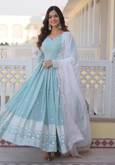 Sky Blue Thread Sequin Embroidered Faux Georgette Gown With Dupatta