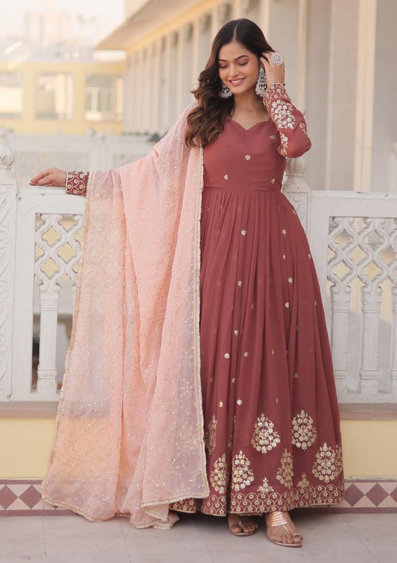 Brown Zari Thread Sequin Embroidered Faux Georgette Gown With Dupatta - Indya